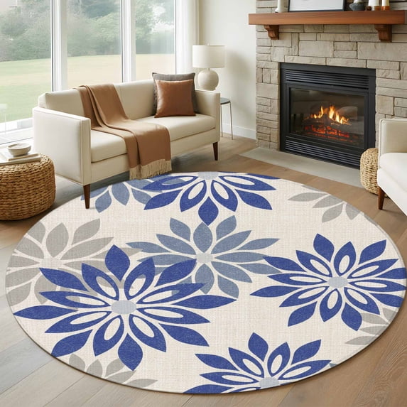 Geometric Flower 6ft Round Rugs, Vintage Country Floral Blue Grey on Linen Washable Non-Slip Area Rugs for Living Room Bedroom Kitchen, Low Pile Dining Room Kicthen Circle Carpet, Indoor Floor Rug