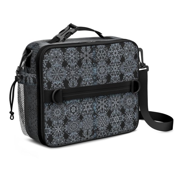 Geometric Flower Black Pattern Bento School Insulated Lunch Bag Box with Shoulder Strap and Bottle Holder, 11" X 9.5" X 3.5"