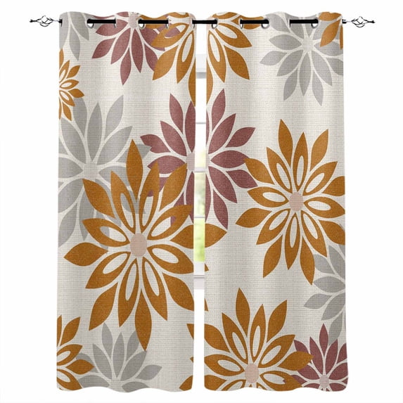 Geometric Flower Blackout Curtains for Bedroom/Living Room, Thermal Insulated Kitchen Curtains, Vintage Country Floral Orange Grey on Linen Grommet Darkening Window Treatment Drapes 52"x63"x2