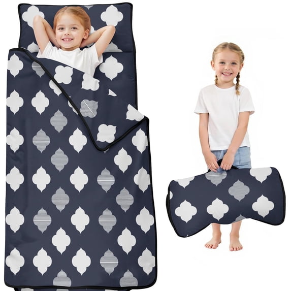 Geometric Flower Blue Pattern Teens Toddler Nap Mat with Pillow, Sleeping Mat Bag for Preschool Daycare 51"x22"