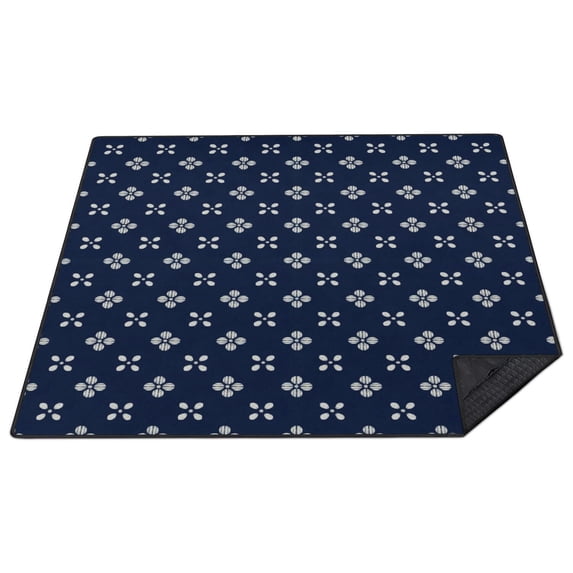 Geometric Flower Blue Pattern Waterproof Picnic Blanket, 3-Layer Travel ...