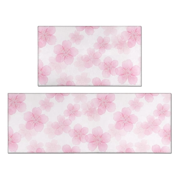 Geometric Flower and Cherry Blossom Anti Fatigue Kitchen Rugs Set Of 2, Non Slip Washable Decorative Floor Mats for Kitchen Sink Laundry, 17"x30" and 17"x47"