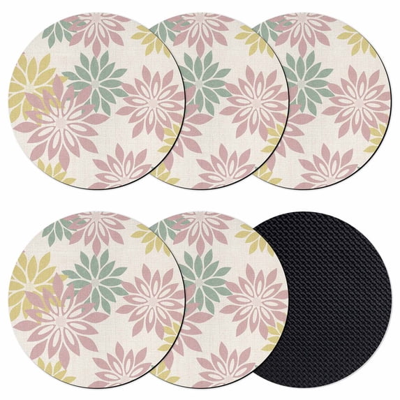 Geometric Flower Coasters Set of 6, Absorbent Coasters for Drinks, Vintage Country Floral Pink Green on Linen Coaster for Desk Coffee Table Protection, Home Decor House Warming Gifts 4"