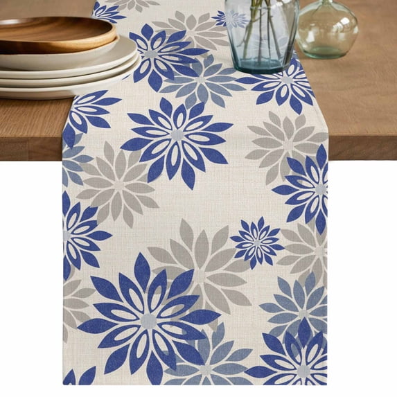 Geometric Flower Cotton Linen Table Runner for Dining Kitchen, Vintage Country Floral Blue Grey on Linen Wedding Outdoor Party Tablerunners, Dresser Scarf Coffee Tablecloth Runners 13x120 Inches