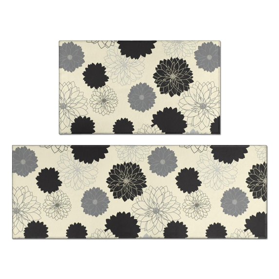 Geometric Flower and Dahlia Beige Anti Fatigue Kitchen Rugs Set Of 2, Non Slip Washable Decorative Floor Mats for Kitchen Sink Laundry, 17"x30" and 17"x47"