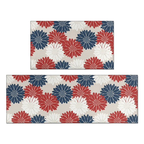 Geometric Flower and Dahlia Beige Anti Fatigue Kitchen Rugs Set Of 2, Non Slip Washable Decorative Floor Mats for Kitchen Sink Laundry, 17"x30" and 17"x47"