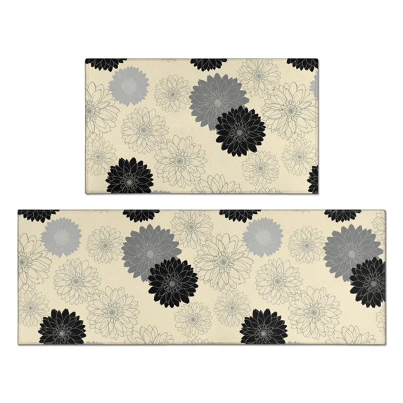 Geometric Flower and Dahlia Beige Anti Fatigue Kitchen Rugs Set Of 2, Non Slip Washable Decorative Floor Mats for Kitchen Sink Laundry, 17"x30" and 17"x47"