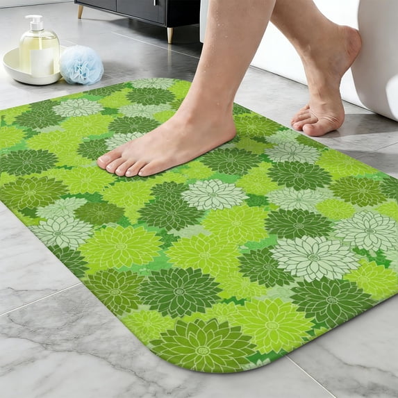 Geometric Flower and Dahlia Green Non-Slip Bath Mat, Entryway Door Rug ...
