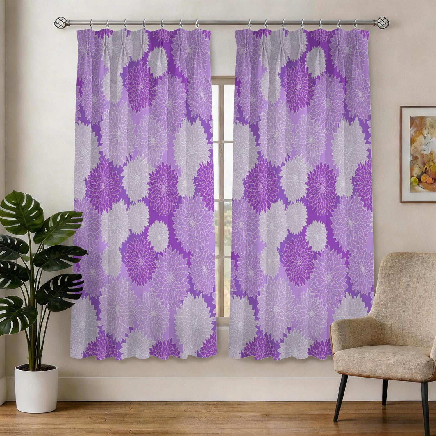 Geometric Flower and Dahlia Purple Pinch Pleated Blackout Curtains ...