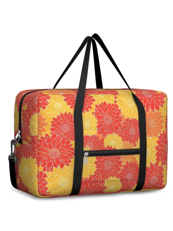 Geometric Flower and Dahlia Red Foldable Travel Duffel Bag, Weekend Overnight Bag with Front Pocket & Trolley Strap, Tear Resistant Gifts for Women Men,17.7 X 6.3 X 12.6 Inches