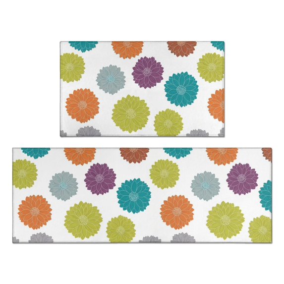 Geometric Flower and Dahlia White Anti Fatigue Kitchen Rugs Set Of 2, Non Slip Washable Decorative Floor Mats for Kitchen Sink Laundry, 17"x30" and 17"x47"