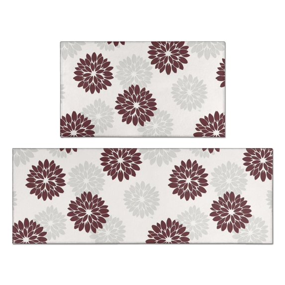 Geometric Flower and Dahlia White Anti Fatigue Kitchen Rugs Set Of 2, Non Slip Washable Decorative Floor Mats for Kitchen Sink Laundry, 17"x30" and 17"x47"