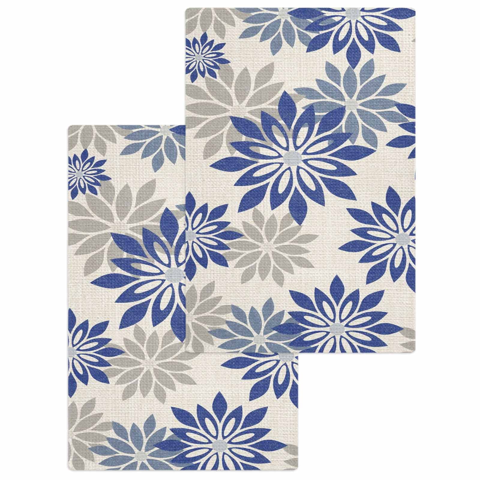 Geometric Flower Kitchen Dish Towels for Drying Dishes Set of 2, Vintage Country Floral Blue Grey on Linen Waffle Weave Microfiber Hand Tea Bathroom Towels Quick Dry & Absorbent Towel 15.7x23.6
