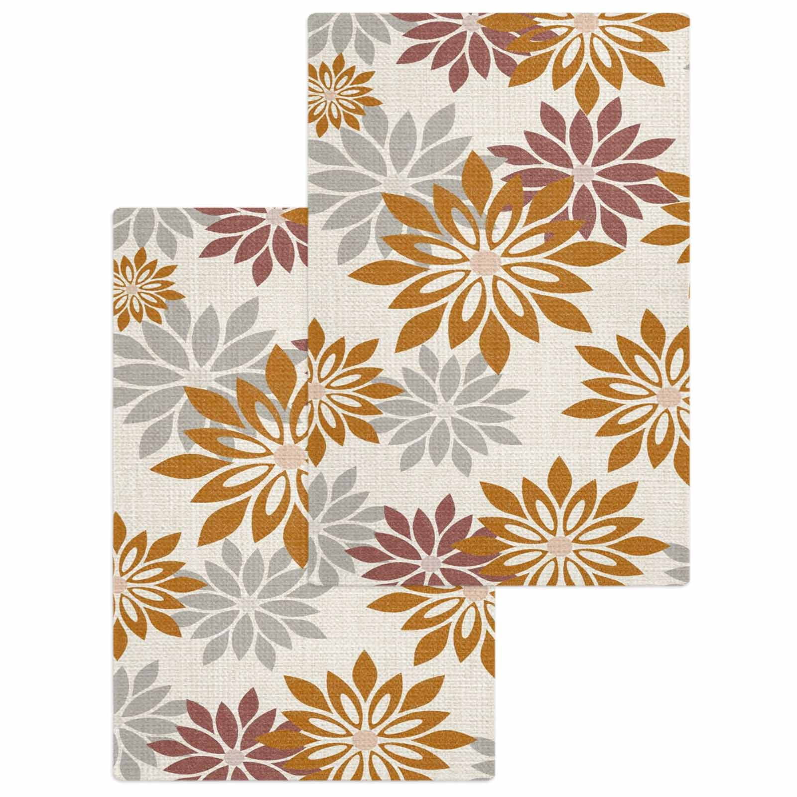 Geometric Flower Kitchen Dish Towels for Drying Dishes Set of 2, Vintage Country Floral Orange Grey on Linen Waffle Weave Microfiber Hand Tea Bathroom Towels Quick Dry & Absorbent Towel 15.7x23.6