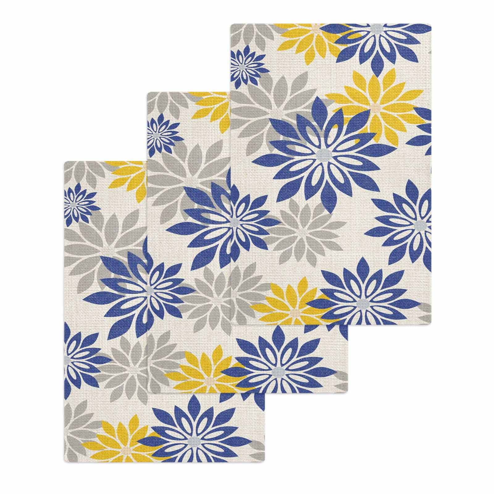 Geometric Flower Kitchen Dish Towels for Drying Dishes Set of 3, Vintage Country Floral Blue Yellow on Linen Waffle Weave Microfiber Hand Tea Bathroom Towels Quick Dry & Absorbent Towel 15.7x23.6