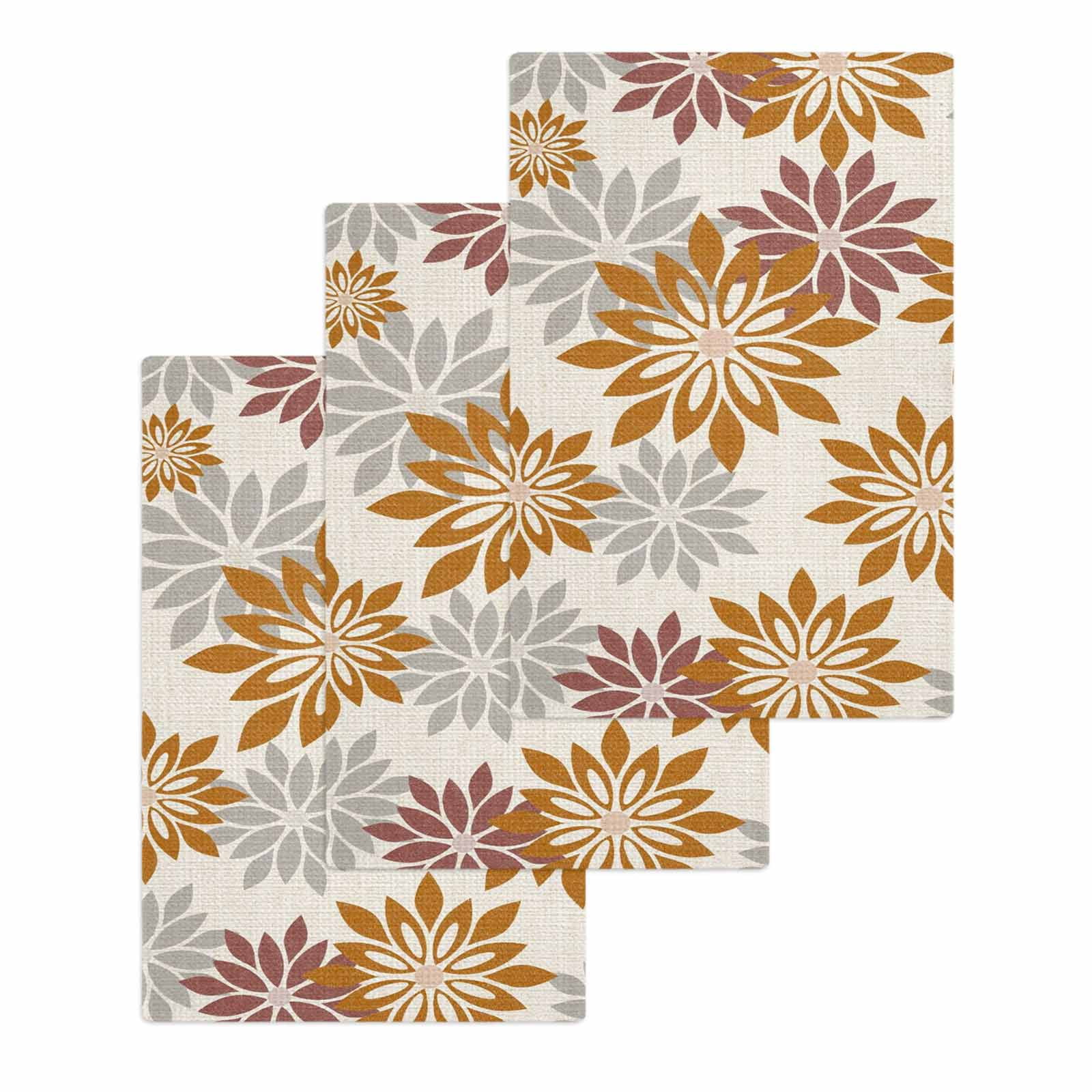 Geometric Flower Kitchen Dish Towels for Drying Dishes Set of 3, Vintage Country Floral Orange Grey on Linen Waffle Weave Microfiber Hand Tea Bathroom Towels Quick Dry & Absorbent Towel 15.7x23.6