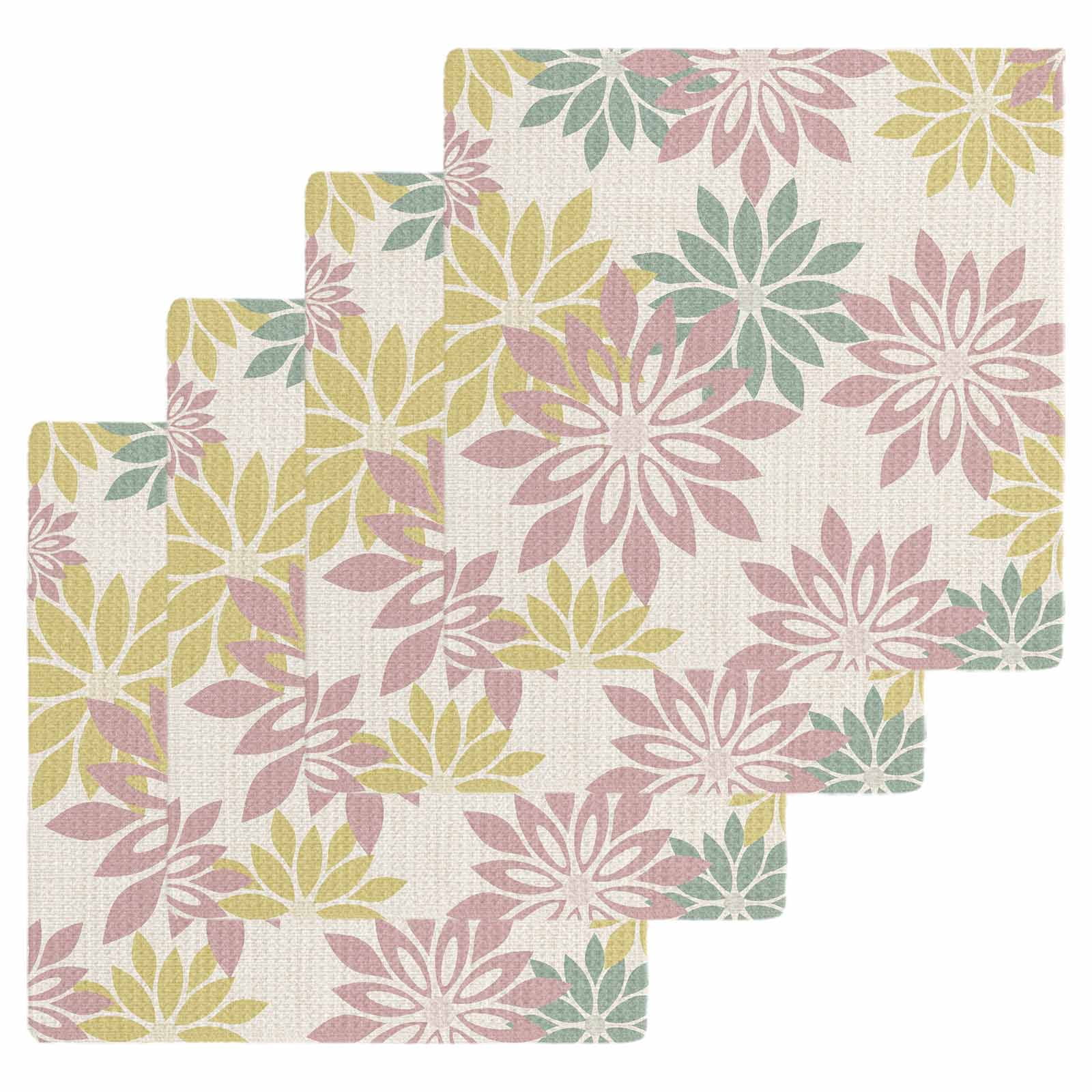 Geometric Flower Kitchen Dish Towels for Drying Dishes Set of 4, Vintage Country Floral Pink Green on Linen Waffle Weave Microfiber Hand Tea Bathroom Towels Quick Dry & Absorbent Towel 12x12