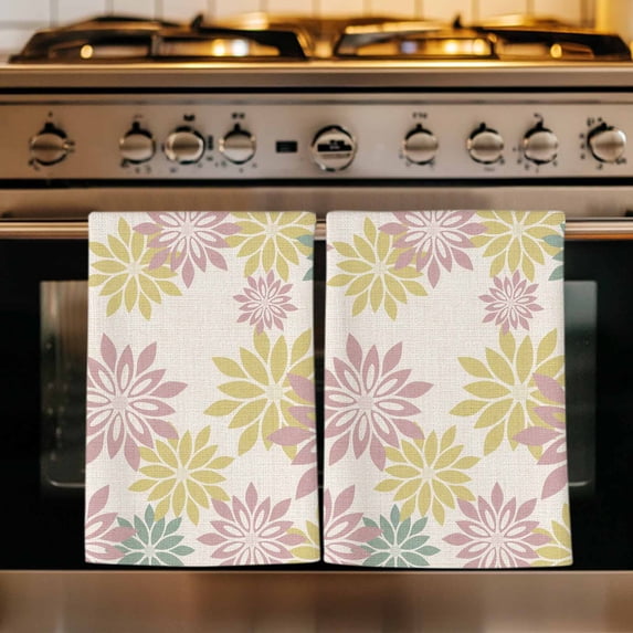 Geometric Flower Kitchen Towels Set of 1, Vintage Country Floral Pink Green on Linen Absorbent Dish Towels for Kitchen, Microfiber Hand Towel, Quick Drying Tea Towel for Cleaning Dishcloths