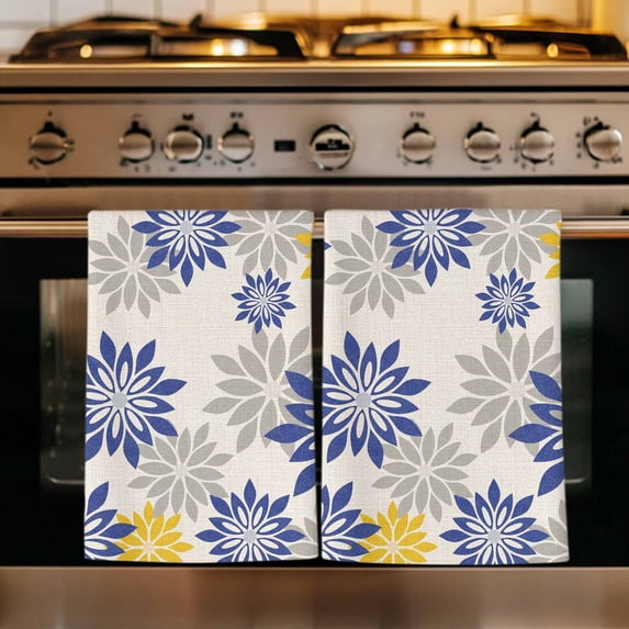 Geometric Flower Kitchen Towels Set of 3, Vintage Country Floral Blue Yellow on Linen Absorbent Dish Towels for Kitchen, Microfiber Hand Towel, Quick Drying Tea Towel for Cleaning Dishcloths
