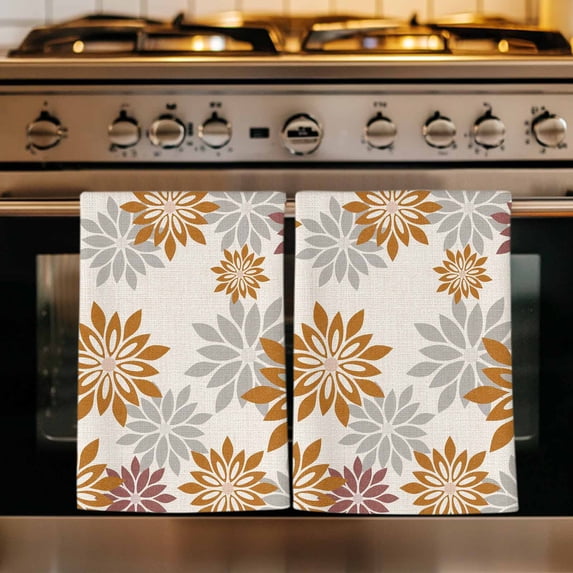 Geometric Flower Kitchen Towels Set of 3, Vintage Country Floral Orange Grey on Linen Absorbent Dish Towels for Kitchen, Microfiber Hand Towel, Quick Drying Tea Towel for Cleaning Dishcloths