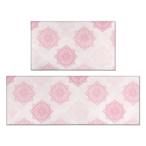 Geometric Flower and Mandala Pink Anti Fatigue Kitchen Rugs Set Of 2, Non Slip Washable Decorative Floor Mats for Kitchen Sink Laundry, 17"x30" and 17"x47"