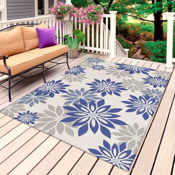 Geometric Flower Outdoor Rug 3x5 Ft, Non Slip Washable Area Rug, Vintage Country Floral Blue Grey on Linen Patio Rugs Carpet Runner, Large Floor Mat for Indoor/Outdoor Deck Porch Camping