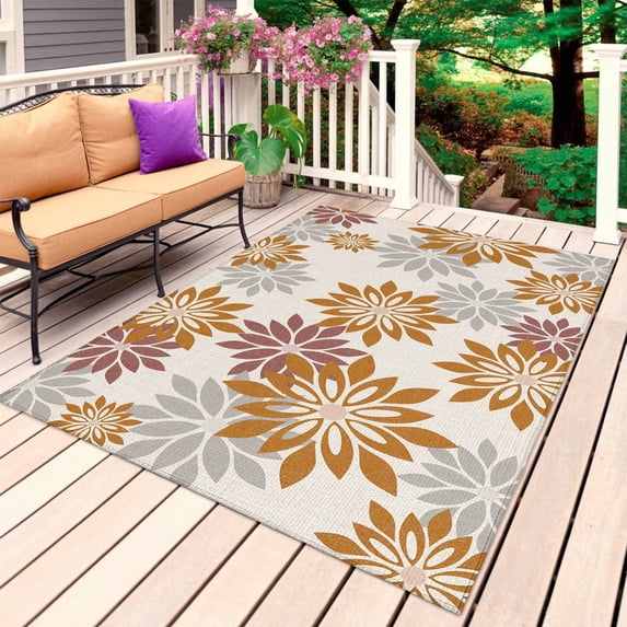 Geometric Flower Outdoor Rug 4x6 Ft, Non Slip Washable Area Rug, Vintage Country Floral Orange Grey on Linen Patio Rugs Carpet Runner, Large Floor Mat for Indoor/Outdoor Deck Porch Camping