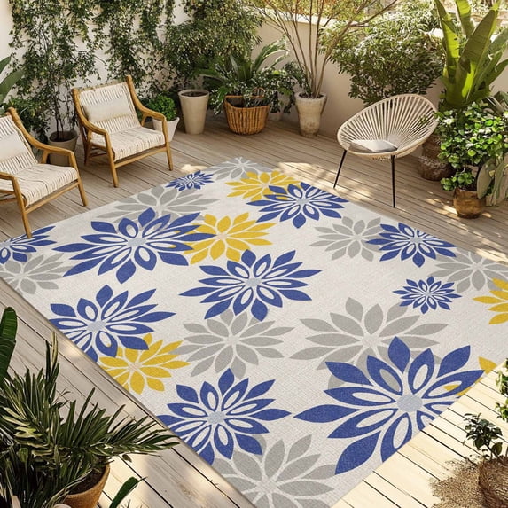 Geometric Flower Outdoor Rug for Patio/Deck/Porch, Non-Slip Large Area Rug 6 x 9 Ft, Vintage Country Floral Blue Yellow on Linen Indoor Outdoor Rugs Washable Area Rugs, Camping Rug Carpet Runner