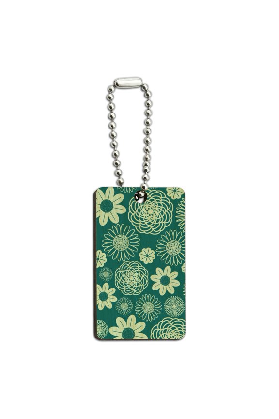 Geometric Flower Pattern Wood Wooden Rectangle Keychain Key Ring