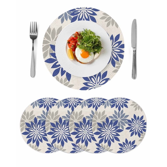 Geometric Flower Round 13 Inch Placemats Set of 4, Vintage Country Floral Blue Grey on Linen HeatResistant Non Slip Place Mats for Dining Table, Wipeable Braided Kitchen Table Mats for Housewarming