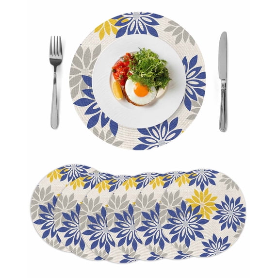Geometric Flower Round 13 Inch Placemats Set of 6, Vintage Country Floral Blue Yellow on Linen HeatResistant Non Slip Place Mats for Dining Table, Wipeable Braided Kitchen Table Mats for Housewarming