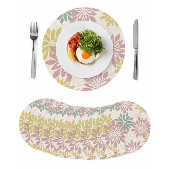 Geometric Flower Round 15 Inch Placemats Set of 8, Vintage Country Floral Pink Green on Linen HeatResistant Non Slip Place Mats for Dining Table, Wipeable Braided Kitchen Table Mats for Housewarming
