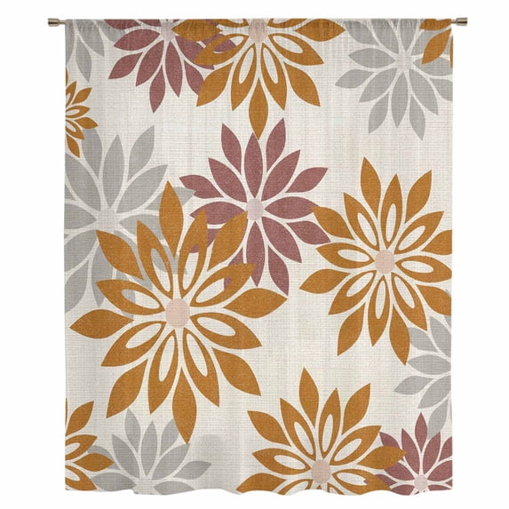 Geometric Flower Sheer Curtains 63 Inches Long, Vintage Country Floral Orange Grey on Linen Light Filering Curtains, Breathable Simi Curtain Privacy Drapes for Living Room Bedroom Window Treatment