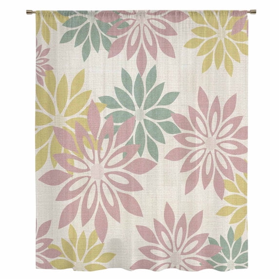 Geometric Flower Sheer Curtains 72 Inches Long, Vintage Country Floral Pink Green on Linen Light Filering Curtains, Breathable Simi Curtain Privacy Drapes for Living Room Bedroom Window Treatment