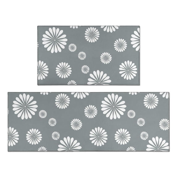 Geometric Flower and Sunburst Gray Anti Fatigue Kitchen Rugs Set Of 2, Non Slip Washable Decorative Floor Mats for Kitchen Sink Laundry, 17"x30" and 17"x47"
