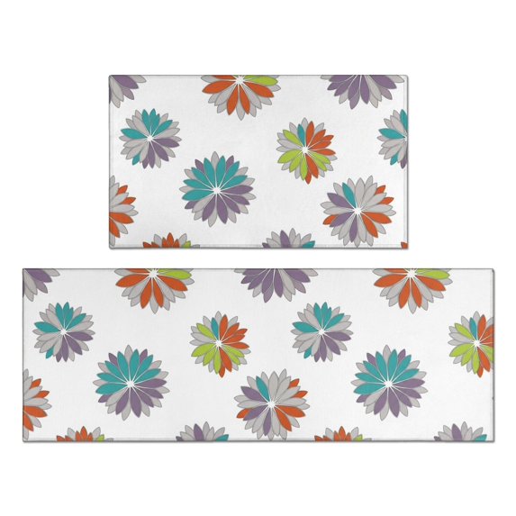 Geometric Flower and Swirl White Anti Fatigue Kitchen Rugs Set Of 2, Non Slip Washable Decorative Floor Mats for Kitchen Sink Laundry, 17"x30" and 17"x47"