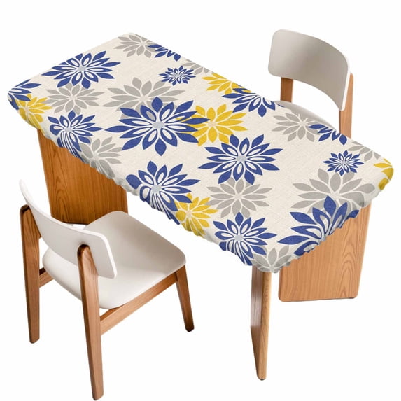 Geometric Flower Table Cloths for 3 Foot Rectangle Tables, Vintage Country Floral Blue Yellow on Linen Patio Waterproof Elastic Fitted Tablecloths, Washable Rectangular Table Cover for Camping