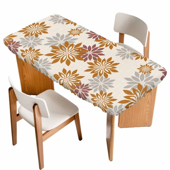 Geometric Flower Table Cloths for 4 Foot Rectangle Tables, Vintage Country Floral Orange Grey on Linen Patio Waterproof Elastic Fitted Tablecloths, Washable Rectangular Table Cover for Camping