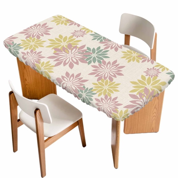 Geometric Flower Table Cloths for 5 Foot Rectangle Tables, Vintage Country Floral Pink Green on Linen Patio Waterproof Elastic Fitted Tablecloths, Washable Rectangular Table Cover for Camping