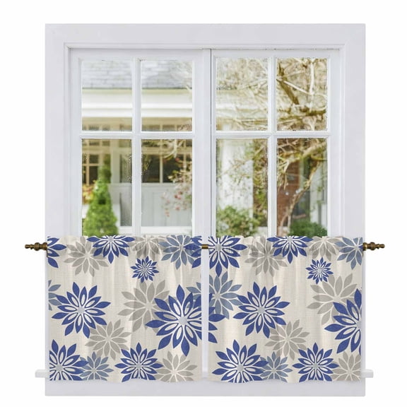 Geometric Flower Tier Curtains 24 Inch Length, Vintage Country Floral Blue Grey on Linen Cafe Short Curtains for Bathroom Over Sink, Small Kitchen Curtain Light Filtering Drapes 2 Panels 27.5"Wx24"L