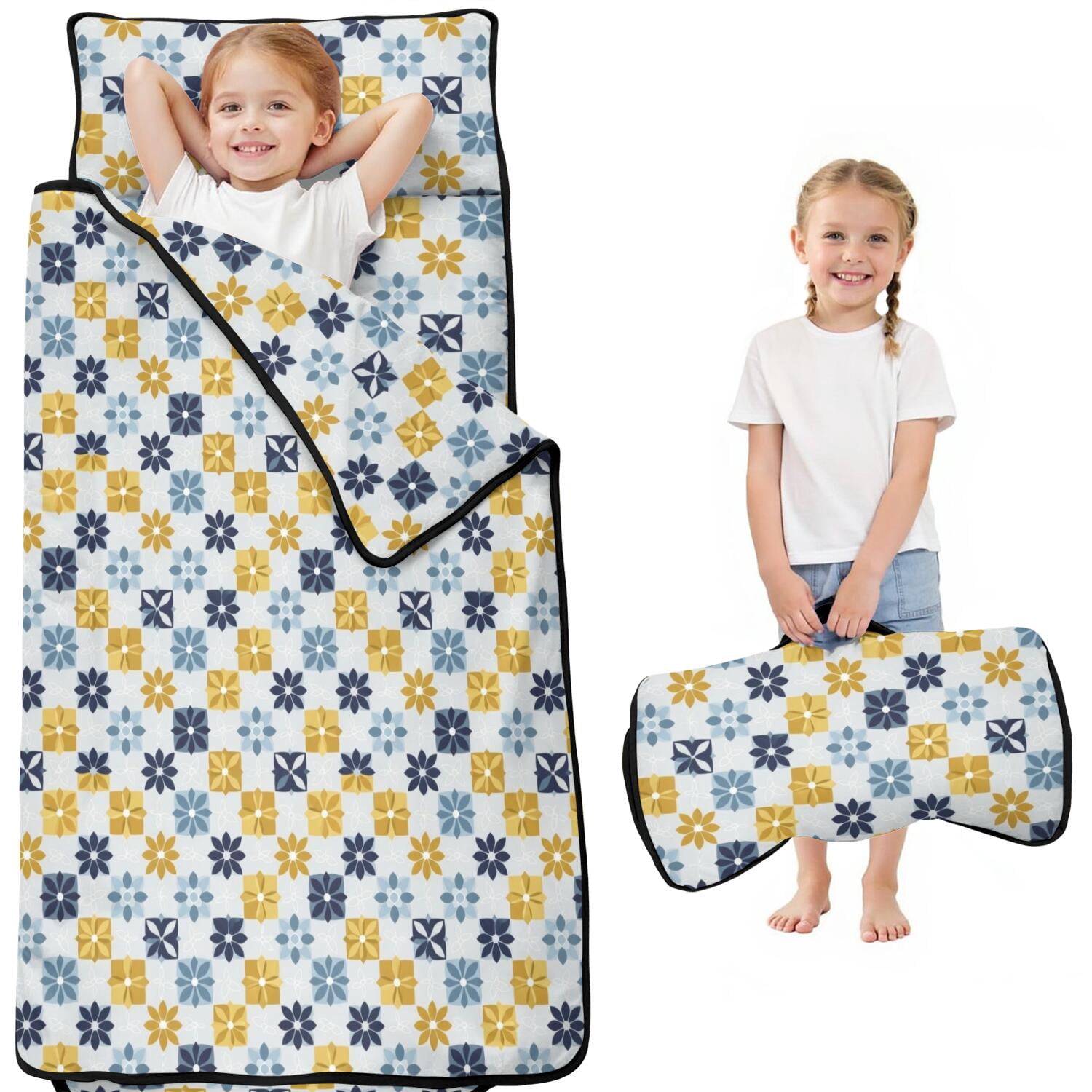 Geometric Flower and Tile White Pattern Kids Nap Mat, Sleeping Mat with ...