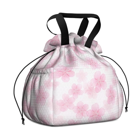 Geometric Flower and Cherry Blossom Drawstring Insulated Lunch Bag for Women, Stain-Resistant Large Lunch Tote with Multi-Pockets for Work Office