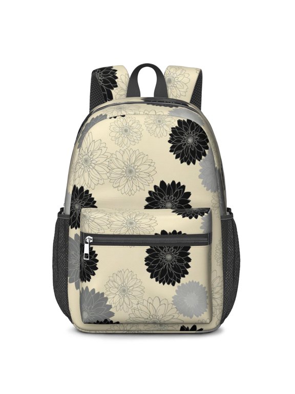 Geometric Flower and Dahlia Beige 17" School Backpacks for Teens,Waterproof Oxford Fabric,S-Shape Padded Straps for School,Travel,Hiking,Camping