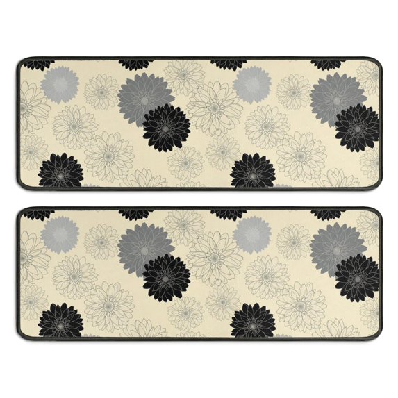 Geometric Flower and Dahlia Beige Anti Fatigue Kitchen Rugs Set Of 2, Non Slip Washable Decorative Floor Mats for Sink Laundry and Home Use, 17"x47"