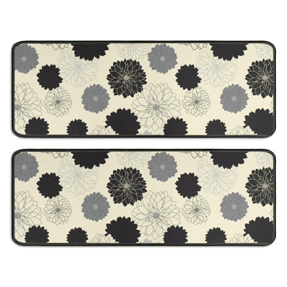 Geometric Flower and Dahlia Beige Anti Fatigue Kitchen Rugs Set Of 2, Non Slip Washable Decorative Floor Mats for Sink Laundry and Home Use, 17"x47"