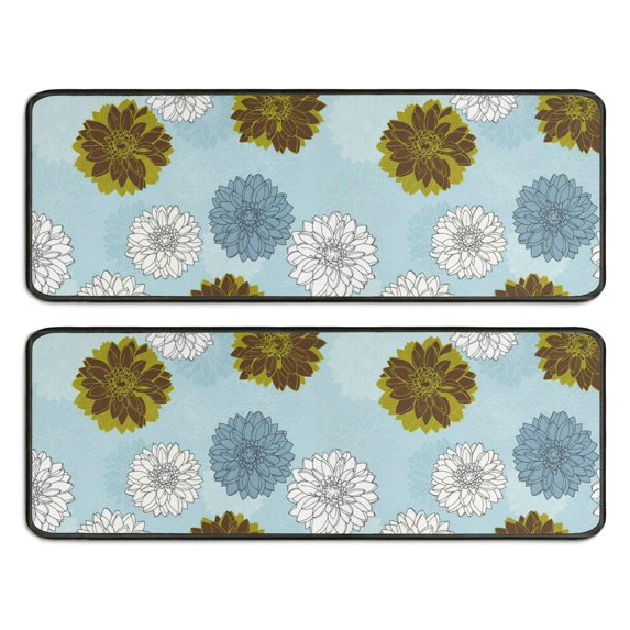 Geometric Flower and Dahlia Blue Anti Fatigue Kitchen Rugs Set Of 2, Non Slip Washable Decorative Floor Mats for Sink Laundry and Home Use, 17"x47"