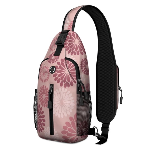 Pink Bloom Design Geometric Flower and Dahlia Pink Sling Backpack, Casual Day Sling Pack with Earphone Port, Multi ...