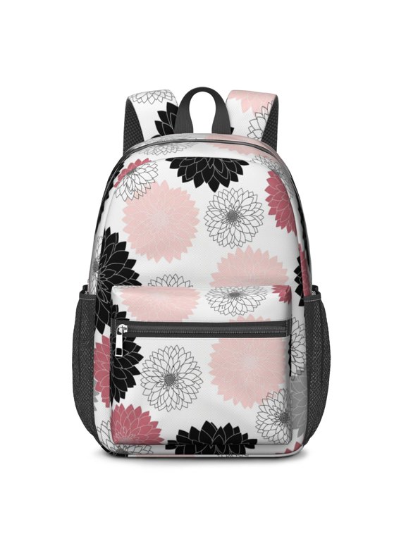 Geometric Flower and Dahlia White 17" School Backpacks for Teens,Waterproof Oxford Fabric,S-Shape Padded Straps for School,Travel,Hiking,Camping