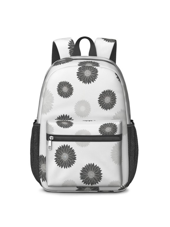 Geometric Flower and Dahlia White 17" School Backpacks for Teens,Waterproof Oxford Fabric,S-Shape Padded Straps for School,Travel,Hiking,Camping