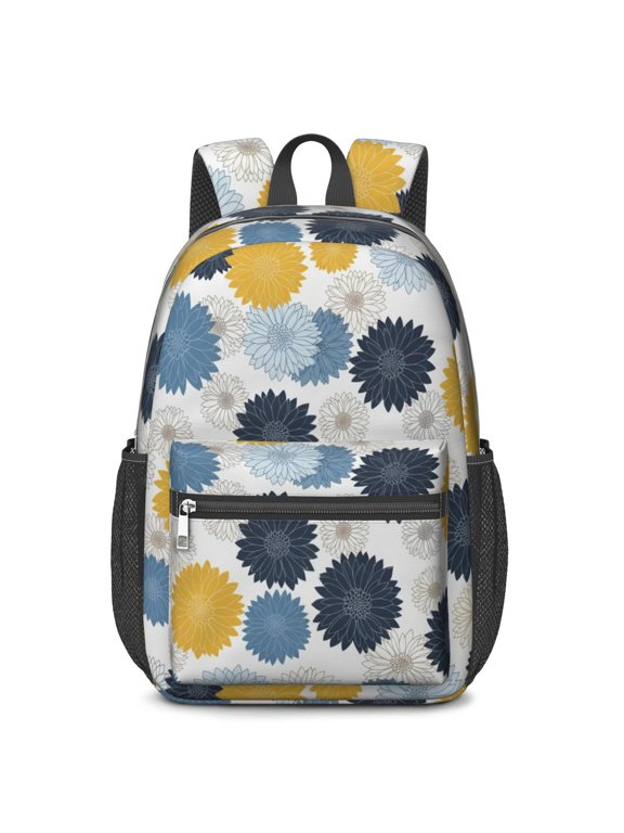 Geometric Flower and Dahlia White 17" School Backpacks for Teens,Waterproof Oxford Fabric,S-Shape Padded Straps for School,Travel,Hiking,Camping